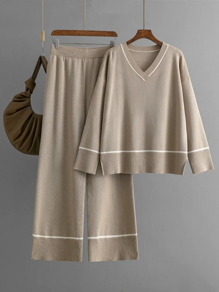 Женский домашний вязаный костюм базовый Свободный Топ с V-образным вырезом и