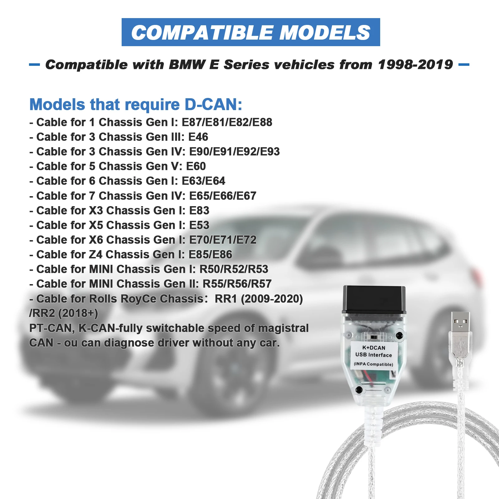 Фото Диагностический инструмент K + DCAN для BMW INPA FTDI FT232RL 9241A с переключателем OBD2, интерфейсный кабель для кодирования NCS, программирование WinFP Tool32 №2