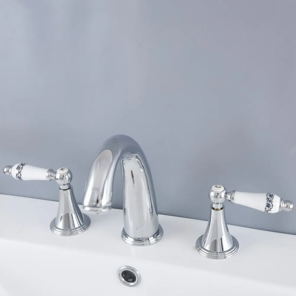 

Basin Faucets Brass Faucet Chrome Deck Mounted Bathroom Sink Faucets 3 Hole Double Handle Hot And Cold Water Tap Lnf977