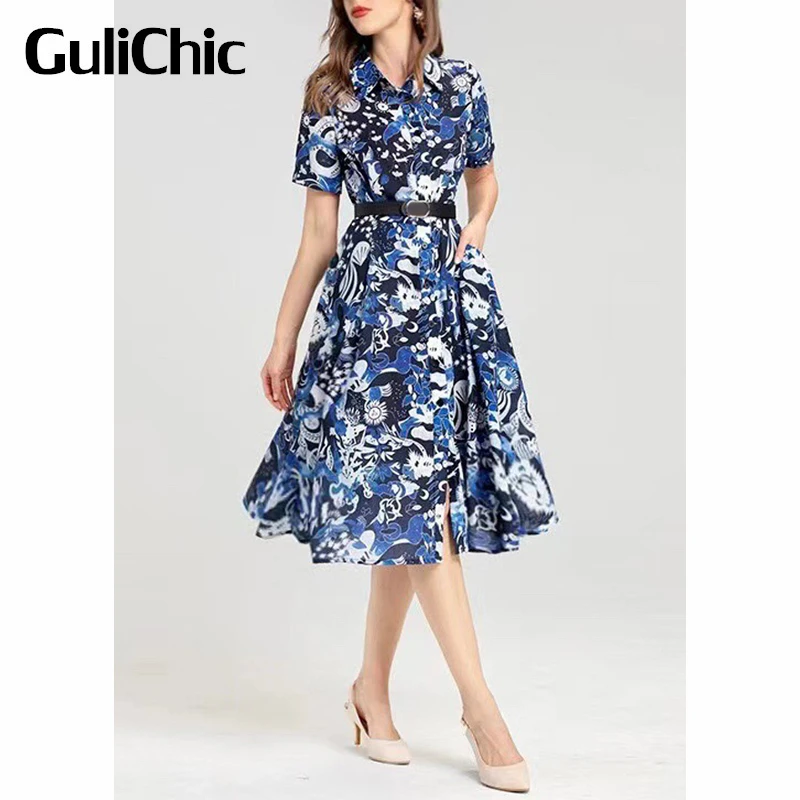 

Женское однобортное платье-трапеция GuliChic, винтажное платье с принтом, коротким рукавом, поясом и высокой талией, 5,28