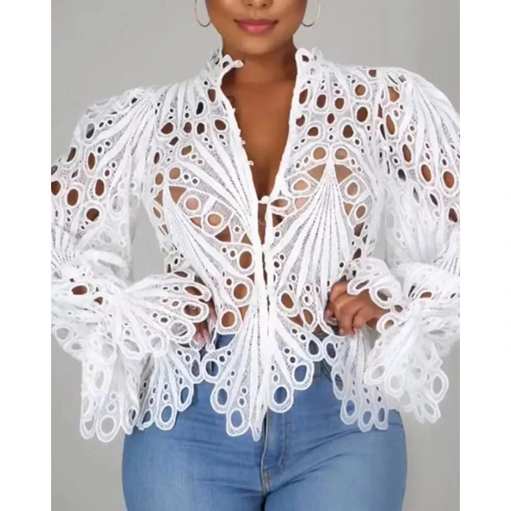 

Sexy Women Plain Eyelet Embroidery Button Front Top 2022 Femme Casual Bell Sleeve Cut Out V Neck Blouse Lady Outfits Clothing