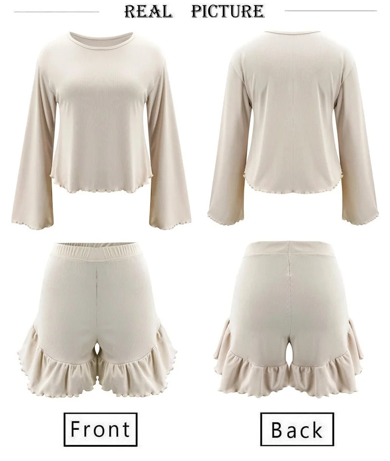 2023 Women's Rib Knit Clothes Set Long Flared Sleeve Round Neck Top + Ruffle Shorts Casual Elastic Band 2-piece Set Home Service