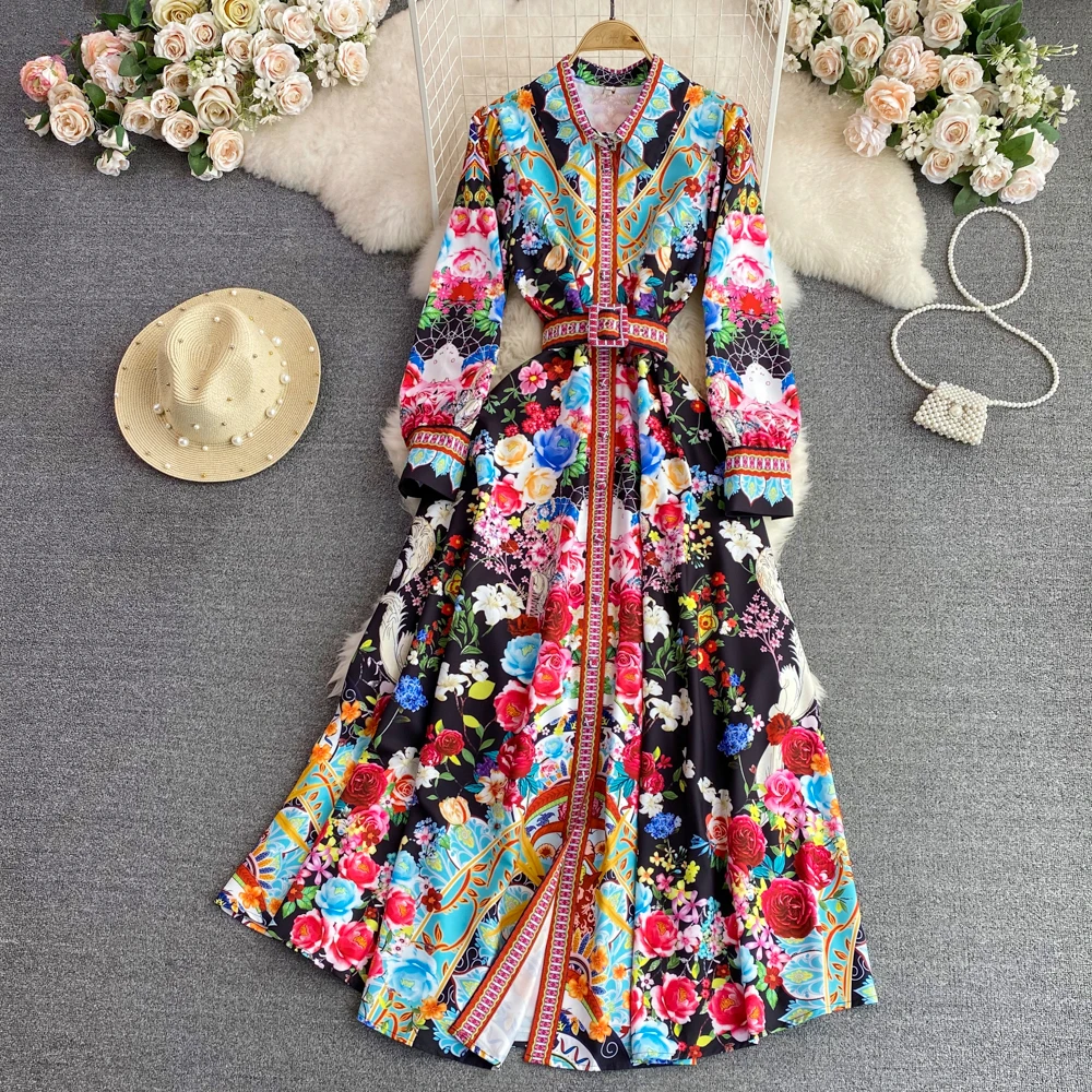 High-end Light Luxury Super Fairy Temperament Long-sleeved Lapel Single-breasted Positioning Printing A-line Dress Elegant Large