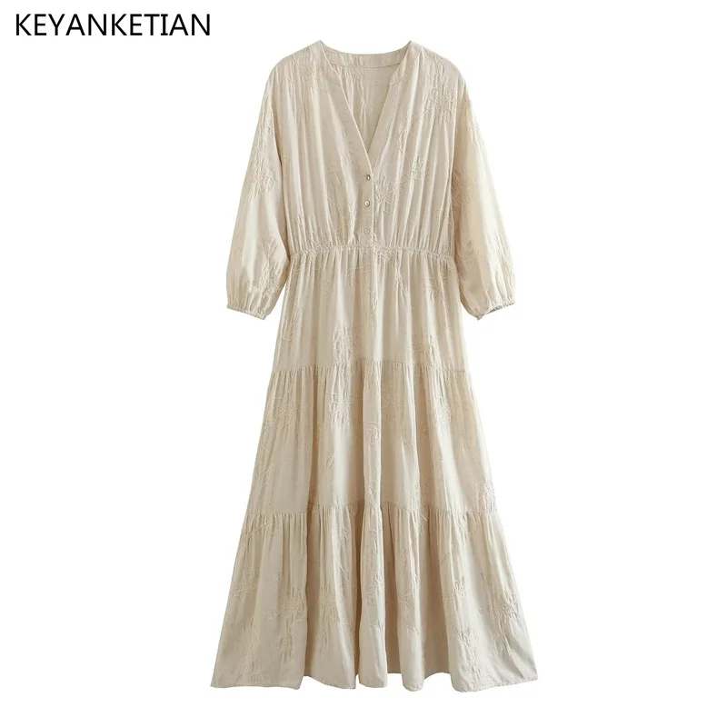 

KEYANKETIAN Summer New Floral Embroidery Linen Slim Button Dress Bohemian Style Women V-Neck Mid-Sleeve MIDI Skirt Apricot