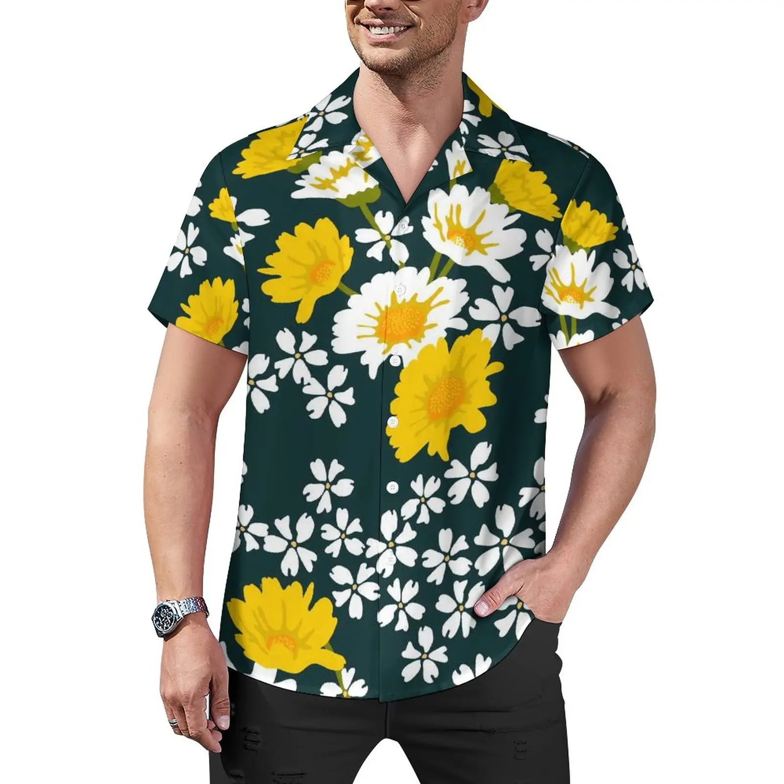

Yellow White Daisies Blouses Men Floral Pirnt Art Casual Shirts Summer Short-Sleeved Graphic Streetwear Oversized Beach Shirt