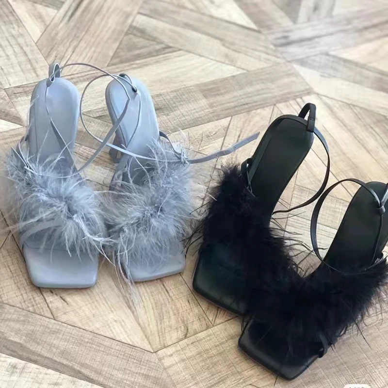 

2022 luxury shoes female designer feather decoration catwalk high heels women sandals sexy strappy blue purple black high heels