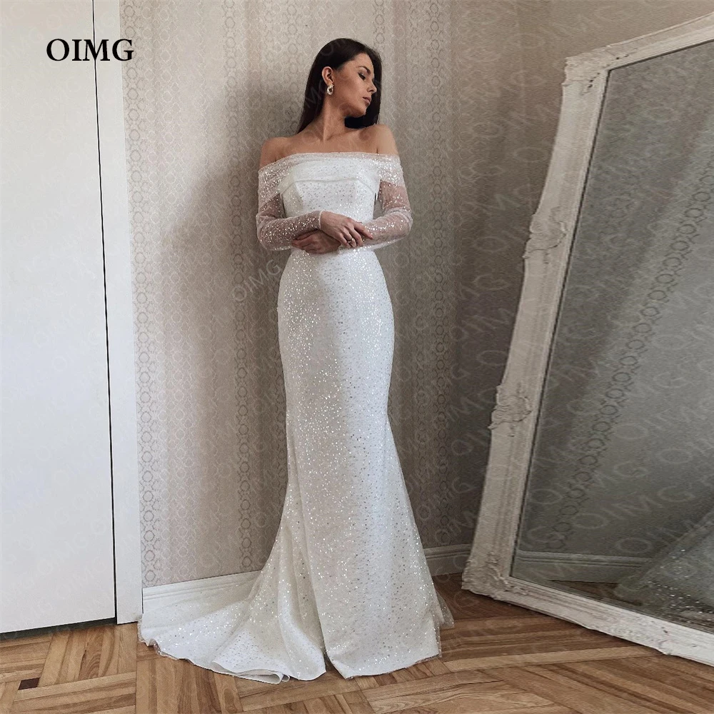 

OIMG New Arrival Long Princess Wedding Party Dresses Sparly Sequins Shiny Beach Gowns Off Shoulder Bridal Bride Gown Dress