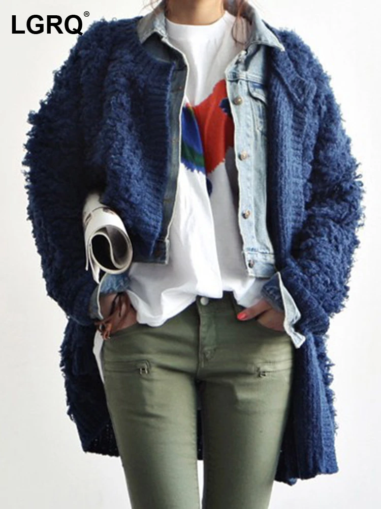 

LGRQ Korean Fashion Causal Sweater Women's Loose Autumn Winter Niche Design Fleece Trendy Knitted Cardigan Lamb New 2023 19F1936