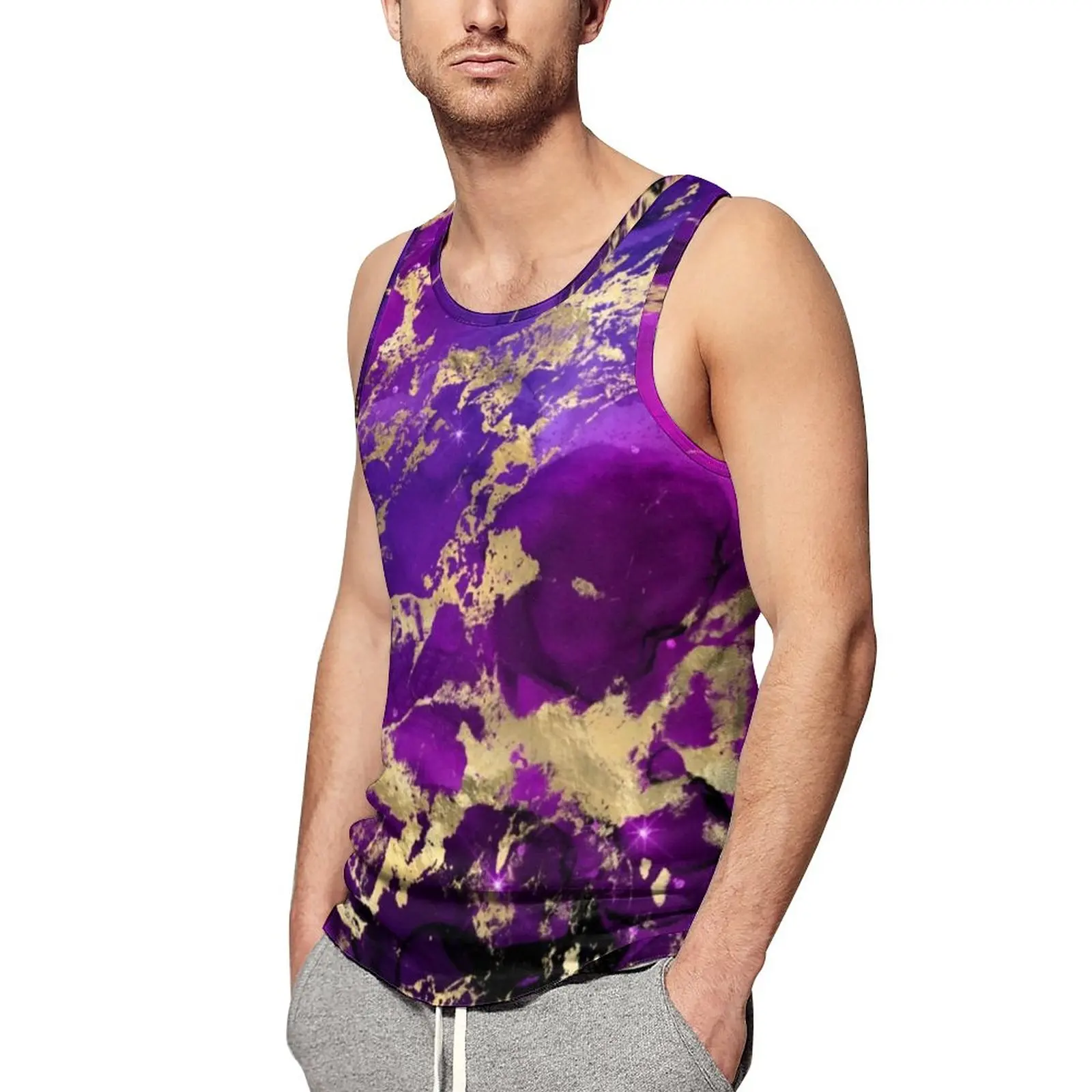 

Purple And Gold Splash Daily Tank Top Marble Galaxy Training Tops Mens Design Fashion Sleeveless Shirts Plus Size
