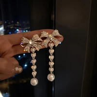 korean style bowknot rhinestone dangle earrings for women long tassel pearl earrings weddings party jewelry