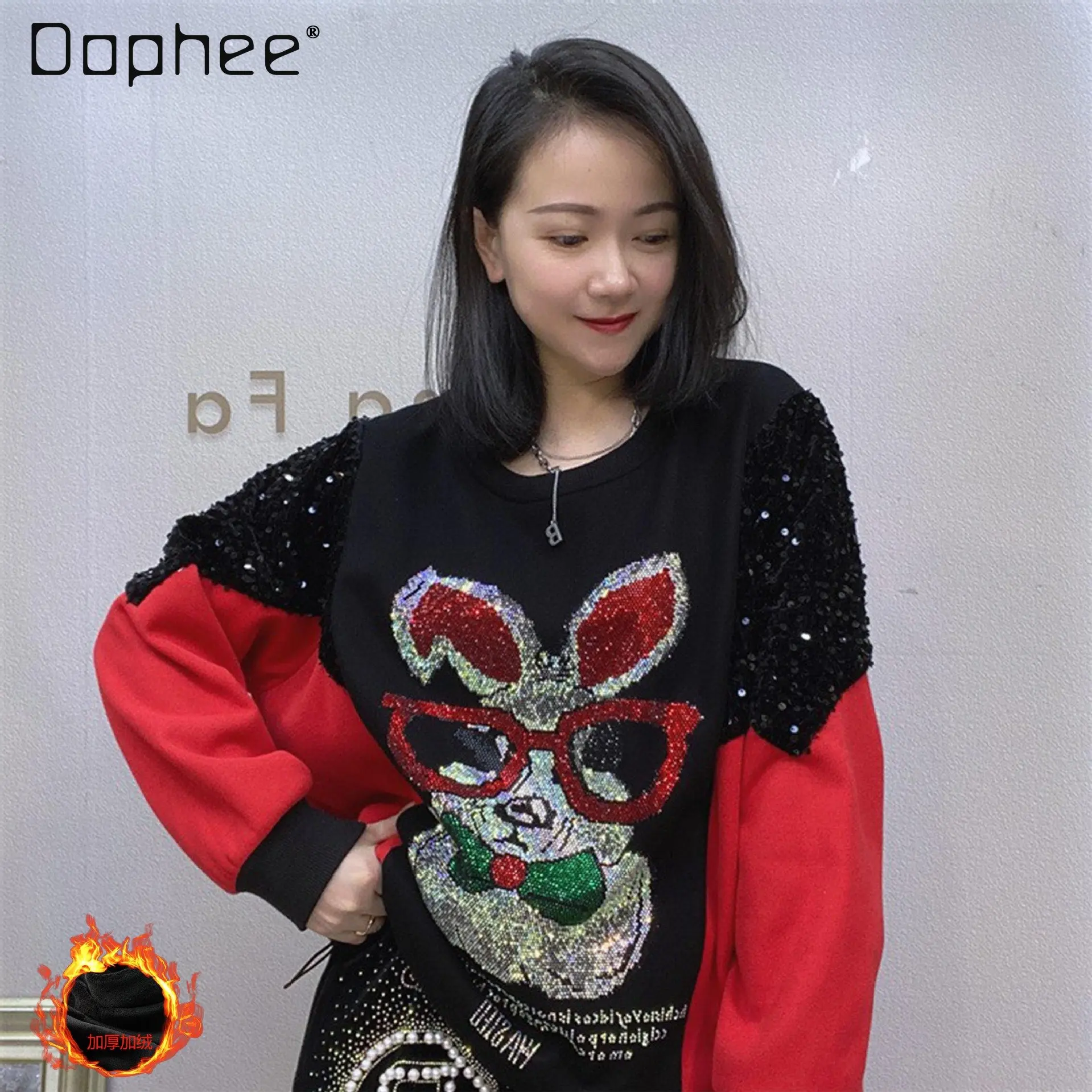 

Winter Long Sleeves Fleece-Lined Women's Clothing Long Sleeve Pullover Hoody Color Matching Cartoon Rhinestone Short Sweatshirt