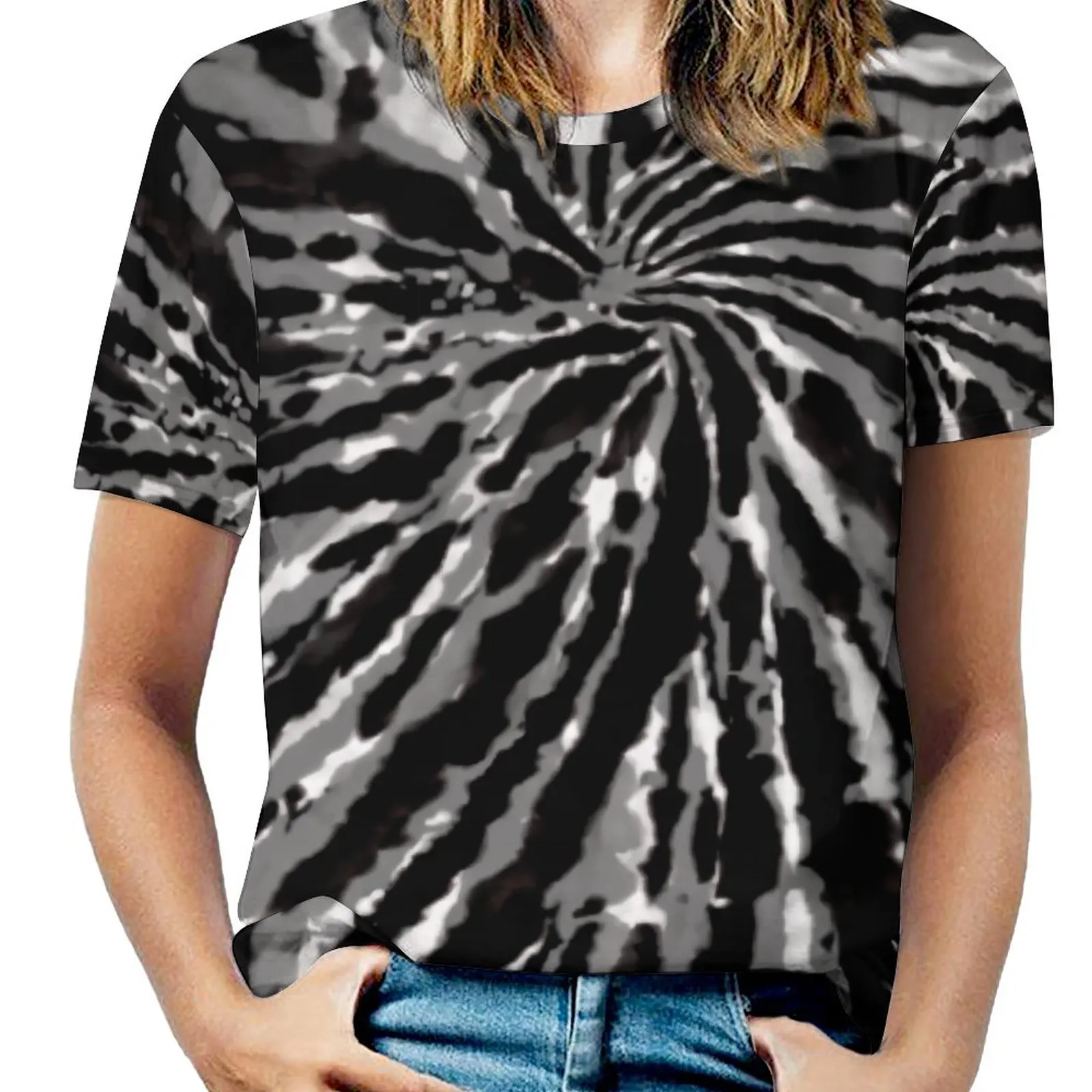 

Black And White Gray Swirl Fireworks Tie Dye G T-shirt Round Neck Top Tee Graphic Cool Travel Sports Funny Novelty USA Size