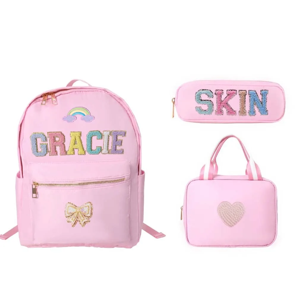 Children Fashion Cute Letter Patches Pencil Case Lunch Bag Sets Kids Simple Schoolbag For Teenage Girls
