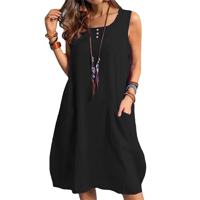

Casual Summer Cotton and Linen Pockets Loose Ladies Dresses Sleeveless Knee Length Big Plus Size Vest Dress for Women Clothes