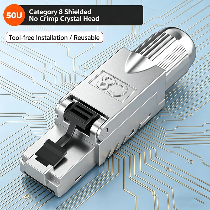 Фото Беспроводной разъем RJ45 CAT.6A/7/8 без инструментов, экранированный Ethernet-штекер 10 Гбит/с без обжима, многоразовая кристаллическая головка с позолотой 50U №1