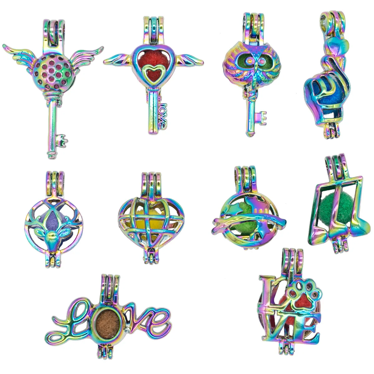 

5pcs Rainbow Love Key Heart Musical Note Bead Cages Perfume Essential Oil Diffuser Locket Pendant Jewelry Making Necklace DIY