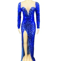shining mirror sequins high split fork dress royal blue elegant banquet stage wear lady party dress for women performance suit