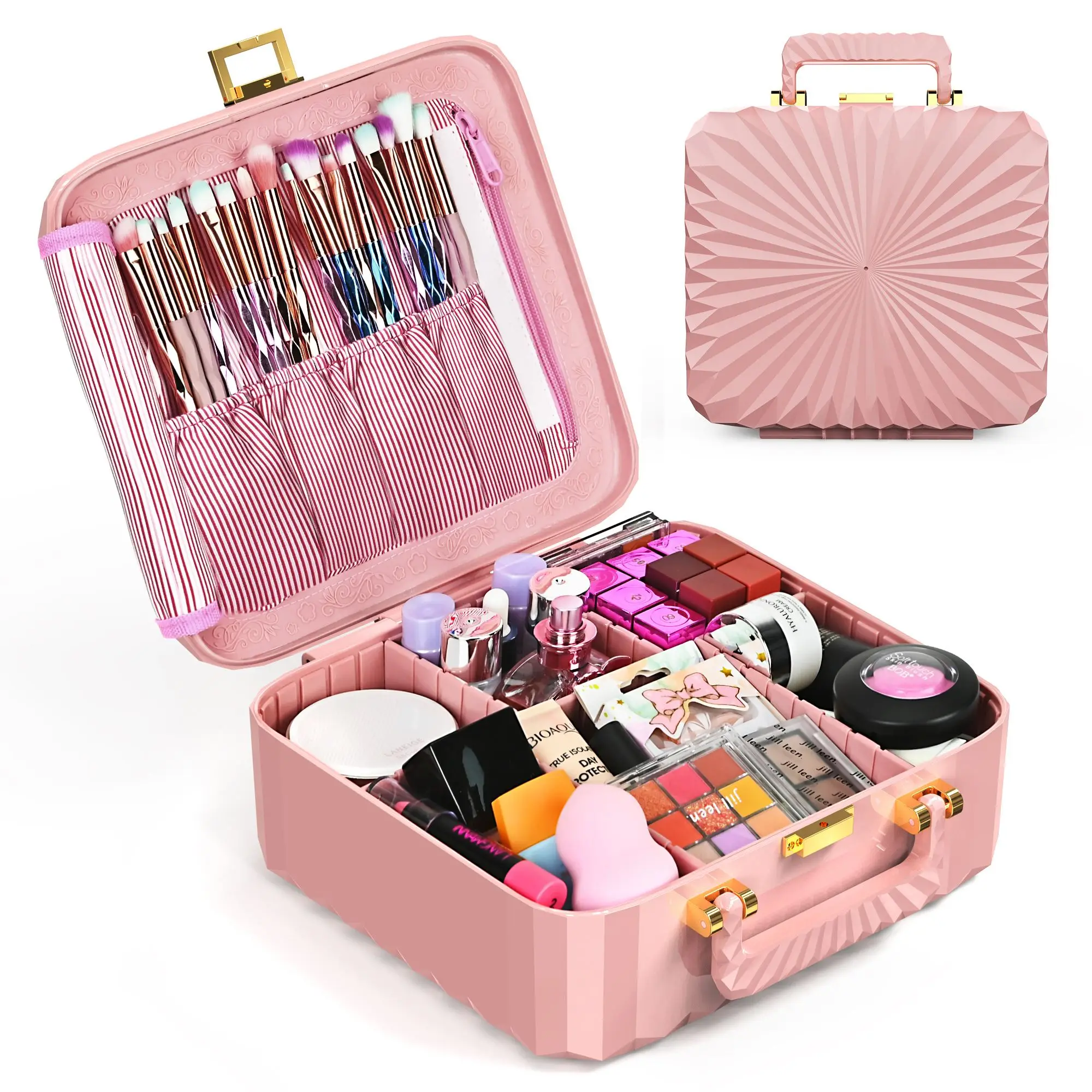 

Чехол для косметики со шлейфом, портативный органайзер для макияжа, коробка с регулируемыми разделителями и сумкой для кистей для макияжа, поликарбонат