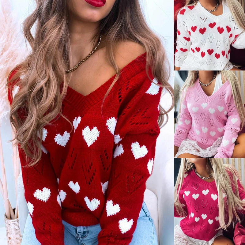 

Newest Knitted Sweaters Women Hollow Knit Sweater Pullovers Adults Heart Pattern Long Sleeve V-neck Pullover Solid Color