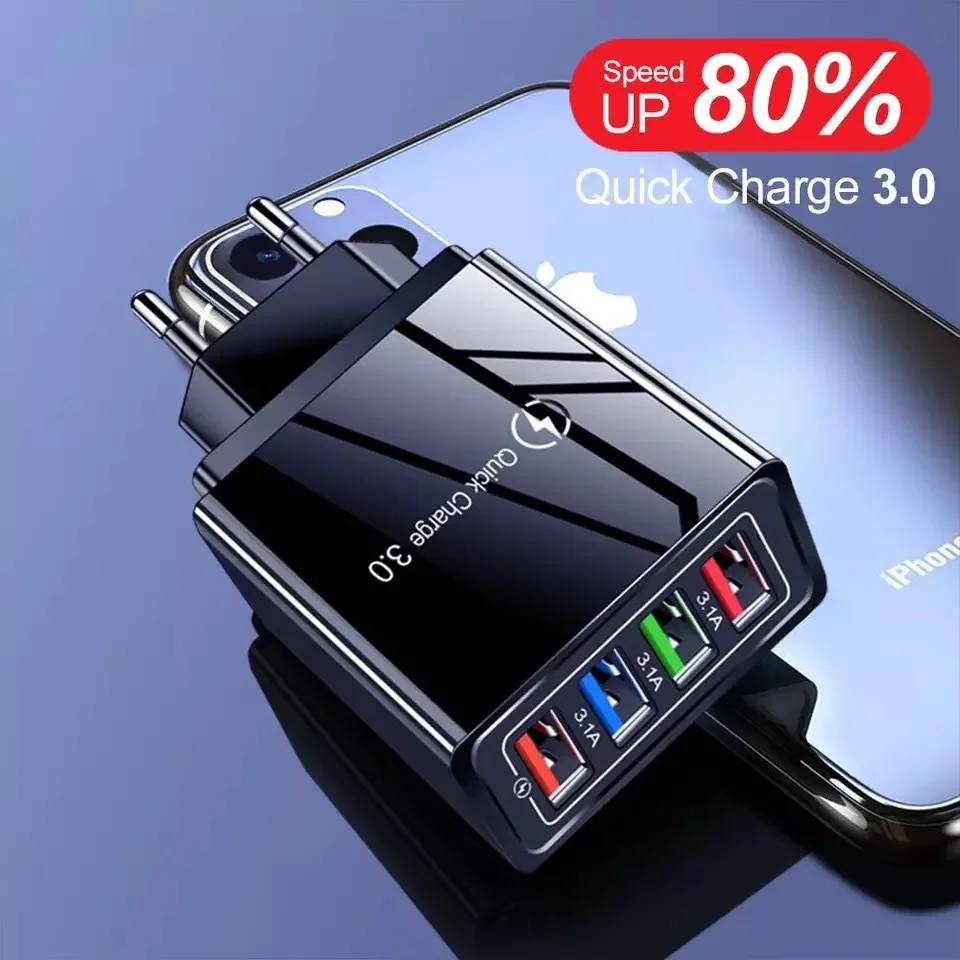 

3.1A Quick Charge 3.0 Fast Charger Blue Light 4 Port Usb Wall Fast Charging USB Charger Mobile Phone USB Travel Charger