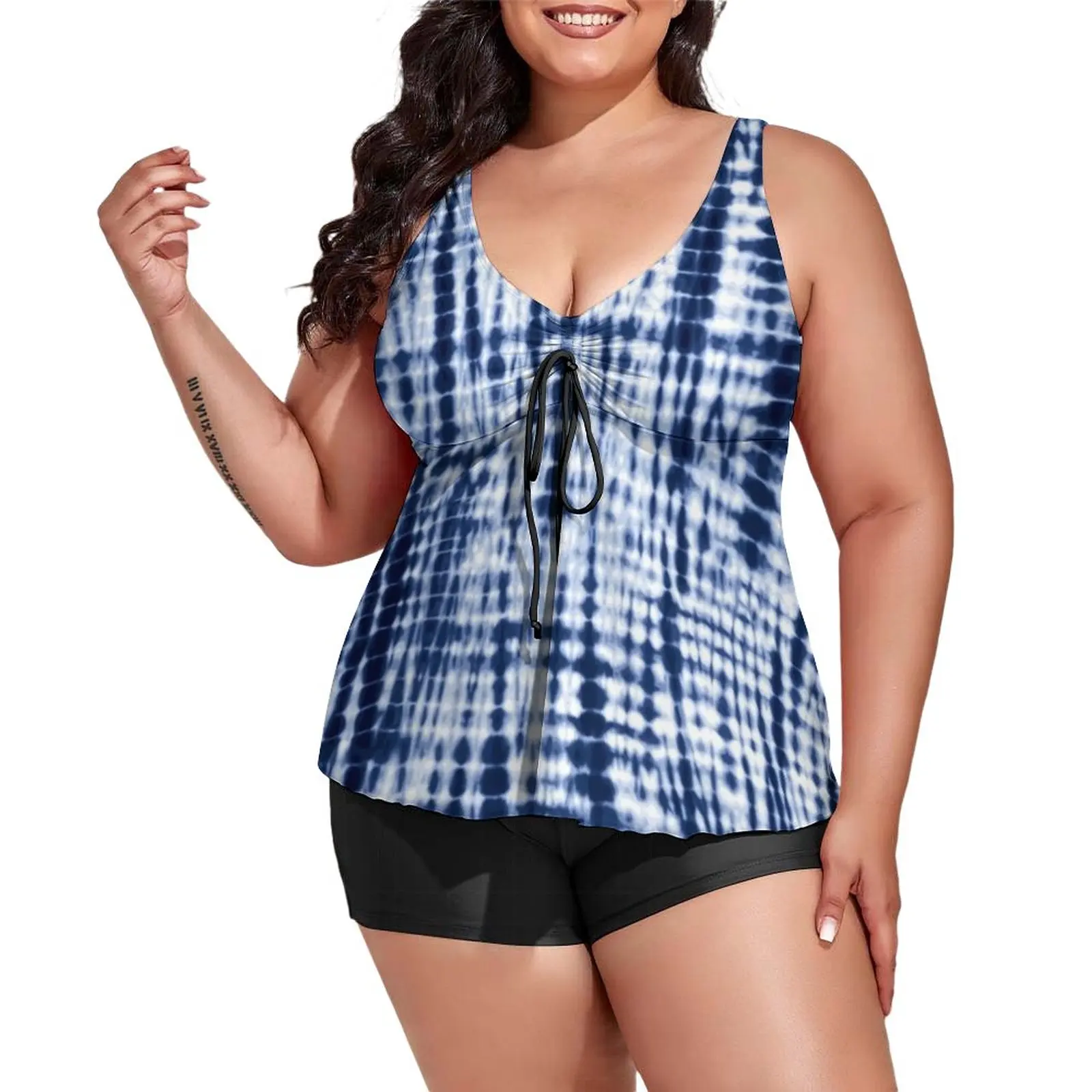 

Blue Tie Dye Swimsuit Abstract Print Two Piece Set Tankini Swimwear Adjustable Elegant Bathing Suits Plus Size Design Beach Wear