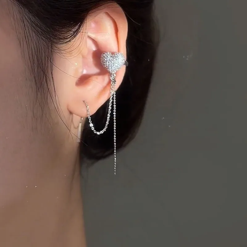 

New Full Diamond Love Ear Studs Ear Clips One-piece Ear Pierced Ear Bone Clip Temperament Long Tassel Heart-shaped Earrings