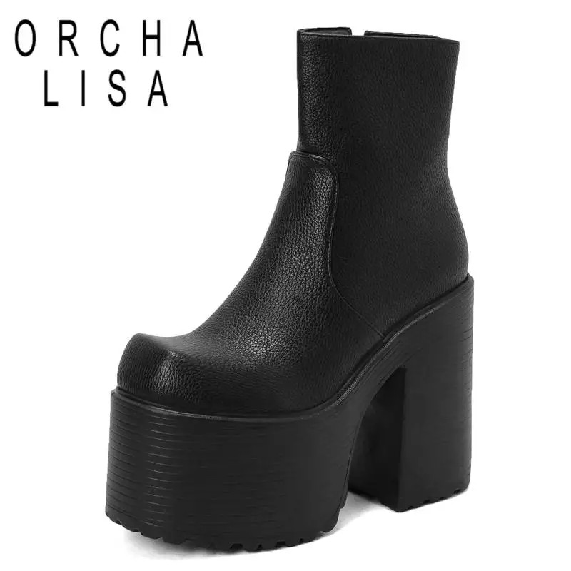 

ORCHA LISA Woman's Ankle Boots Square Toe Super High Heels 15cm Platform Hill 8cm Zipper Plus Size 43 44 Solid Concise Booties