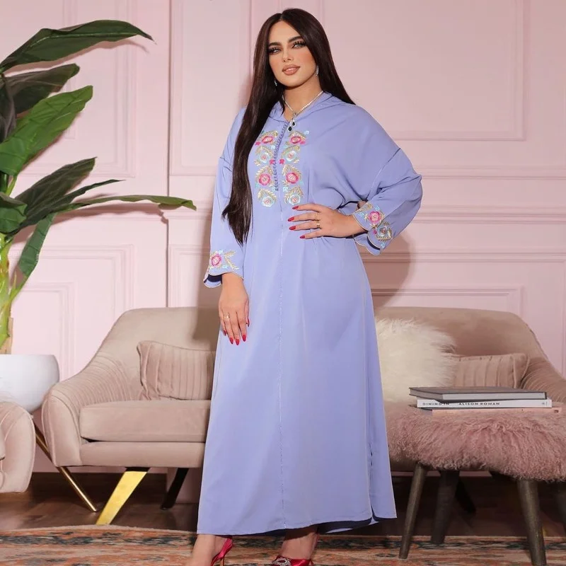 

Embroidered Djellaba Moroccan Hooded Kaftan Women Hem Sides Slit Soft Muslim Long Dress Saudi Gulf Jalabiya Dubai Abayas 2022