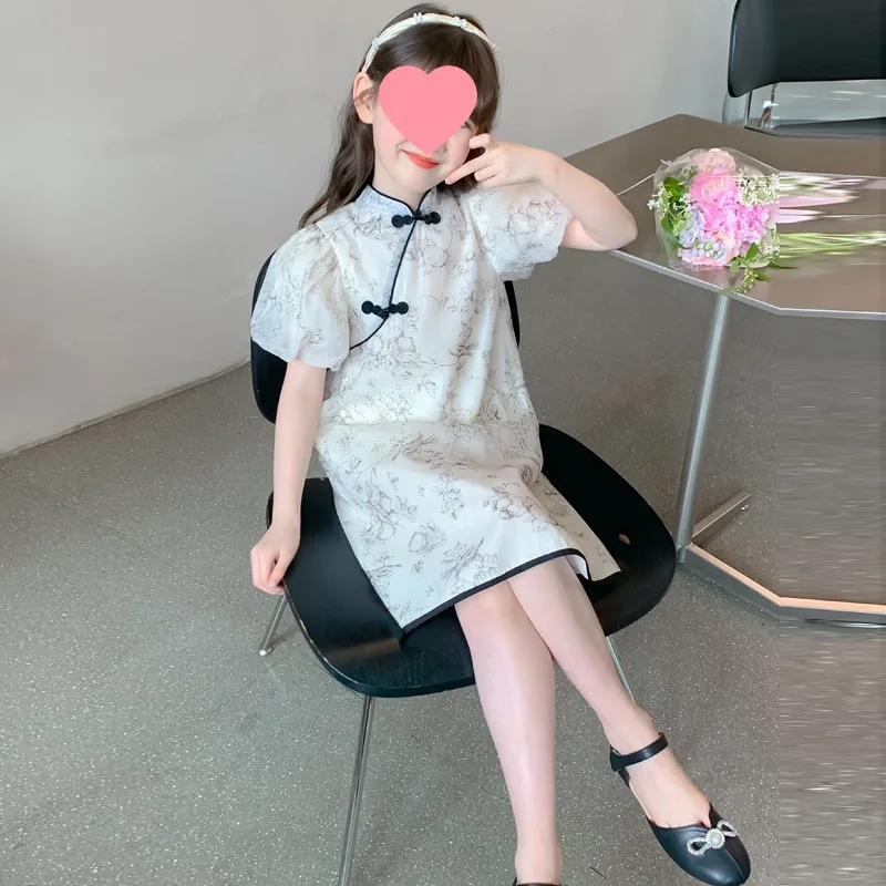 sukienka dla dziewczynki spódnica dziecięca dziewczęca z tuszem 2024 nowy chiński styl narodowy Retro dziewczyny letnie sukienki moda lato