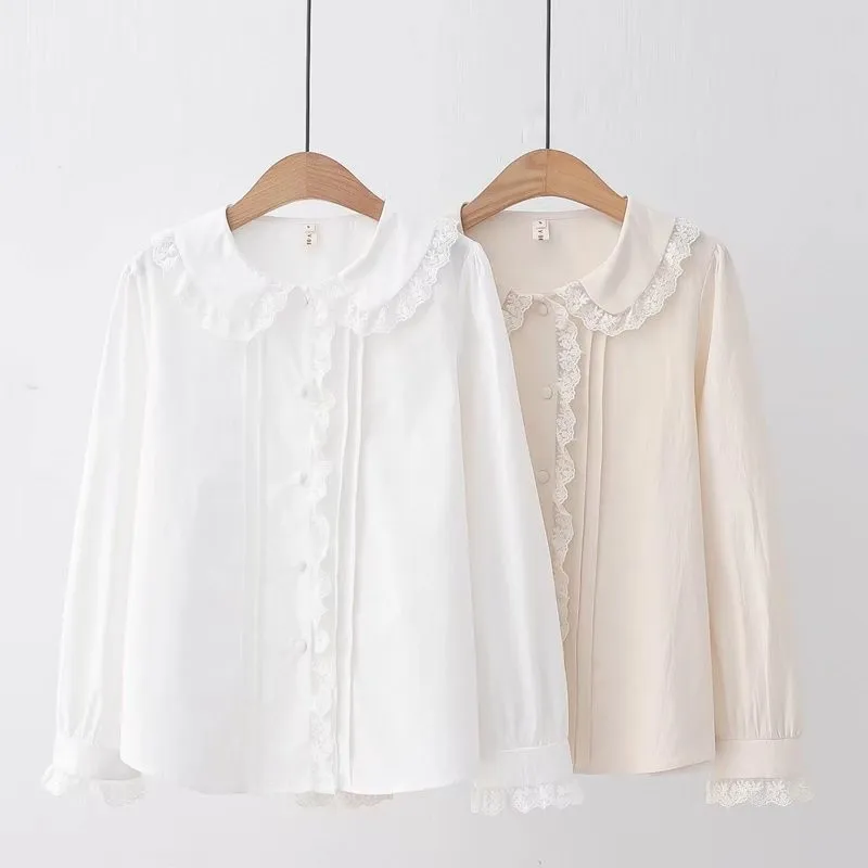 Spring Autumn Japanese Sweet White Khaki Lolita Shirt Women Vintage Doll Collar Blouses  JK uniform Long Sleeve Ladies Girl Top