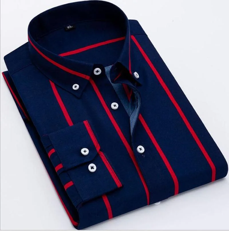 Quality Fashion Men's Long Sleeve Casual Dress Shirt Summer Light Soft Th Button-down Collar Classic Young Man Striped Shirts