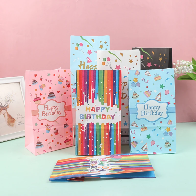 

10Pcs Pink Blue Happy Birthday Gift Decorations Kraft Paper Candy Cookies Bags