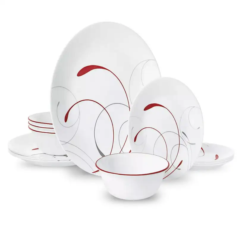 

White and Red Round 12-Piece Dinnerware Set Stainless steel table Wood utensil set Steak knives Kitchen cutlery Wooden bowl Rest