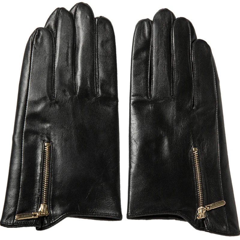 

Men's Genuine Leather Gloves Fashion Classic Side Zipper Style Real Sheepskin Black Touch Screen Winter Warm