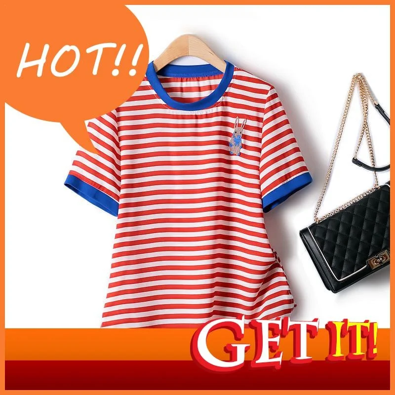 

T-shirt 2023 Summer Women Oversized Classic Harajuku Horizontal Pinstripe Straight Embroidery Cartoon Thin Chiffon Top Female