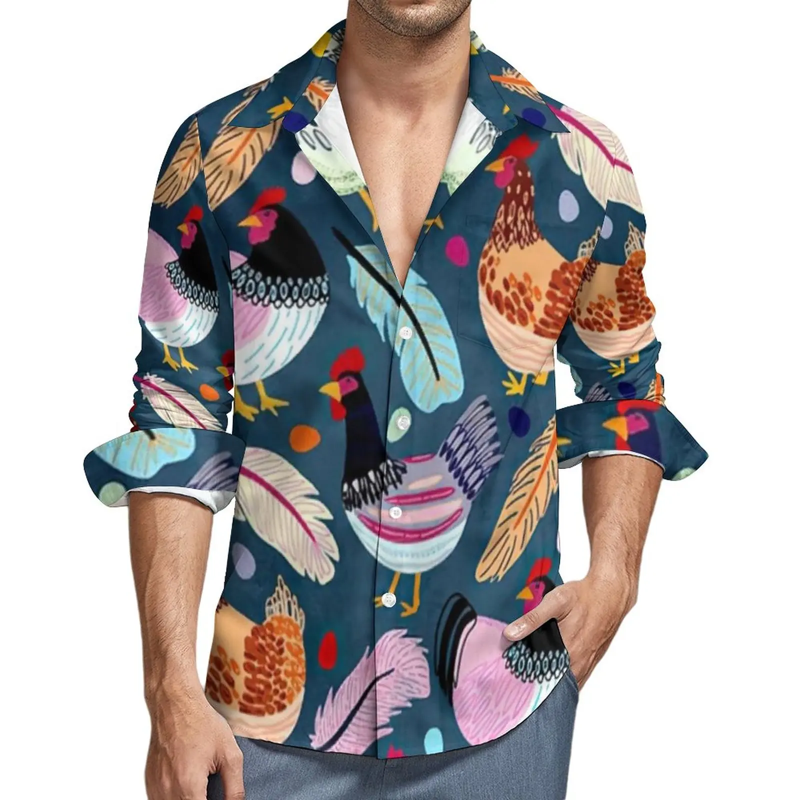 

Colorful Chicken Shirt Men Farm Animal Print Casual Shirts Spring Harajuku Design Blouses Long Sleeve Trendy Oversized Tops Gift