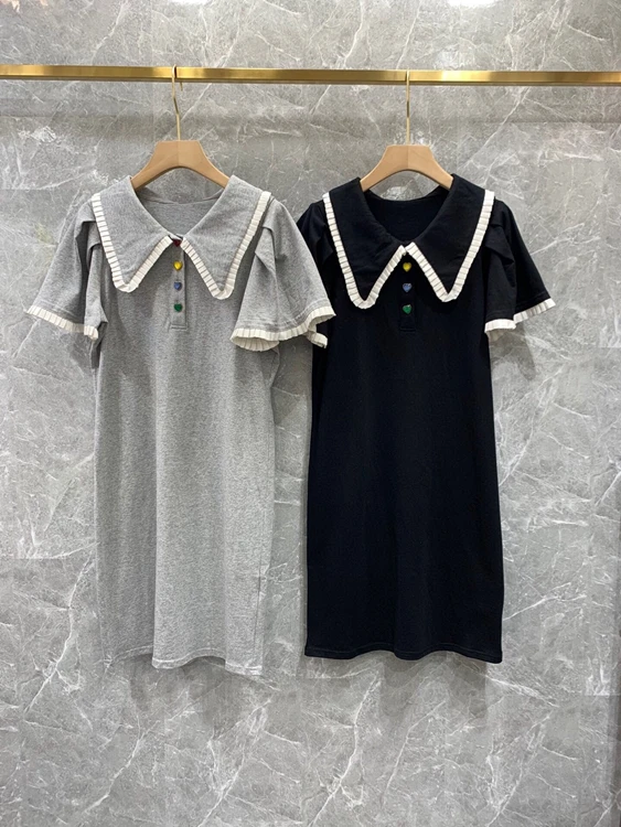 

Новинка 2022, модная женская повседневная юбка с коротким рукавом и отложным воротником, простое платье, уменьшающее возраст, 515