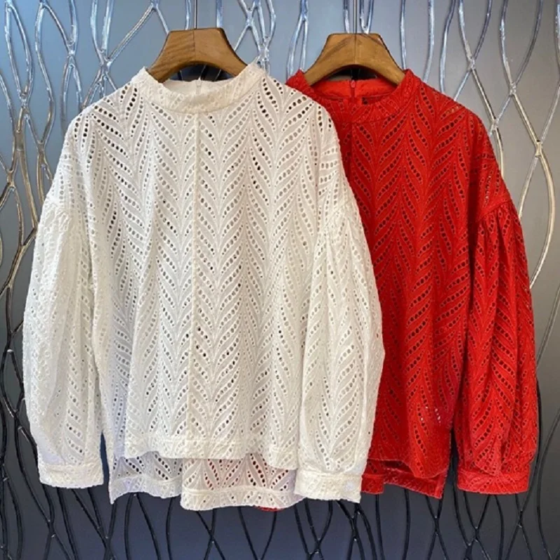 100%Cotton Blouses 2022 Spring Summer Fashion Tops Women Allover Hollow Out Embroidery Long Sleeve Casual White Red Tops Blouse