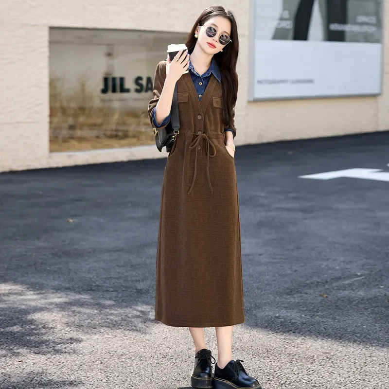 Элегантное платье с длинными рукавами осень 2024 новинка облегающая талию