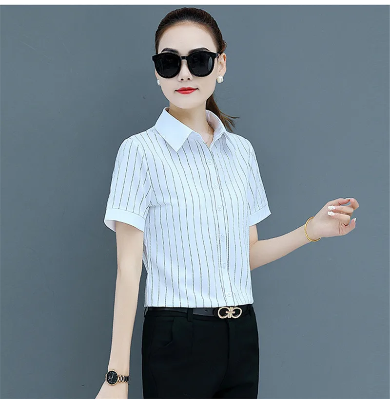 

Женская рубашка в полоску, с коротким рукавом и отложным воротником