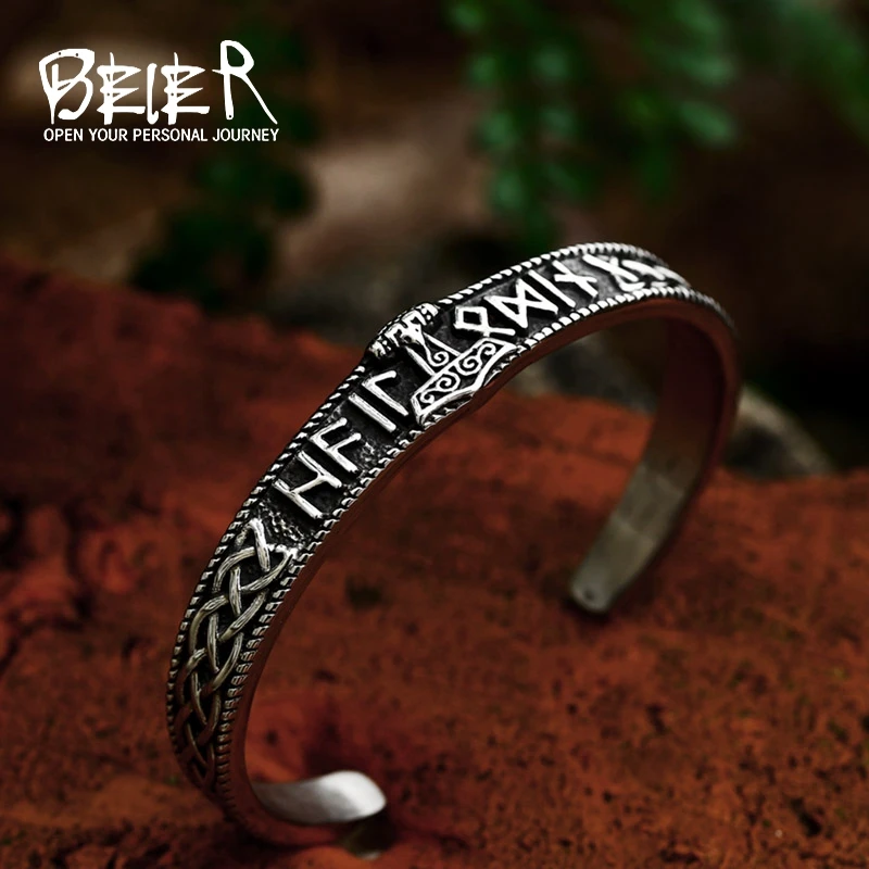 

BEIER 2023 New Fashion Titanium Steel Bracelet Viking Runes Amulet Bangle Norse Viking Nordic Myth thor hammer Jewelry For Men