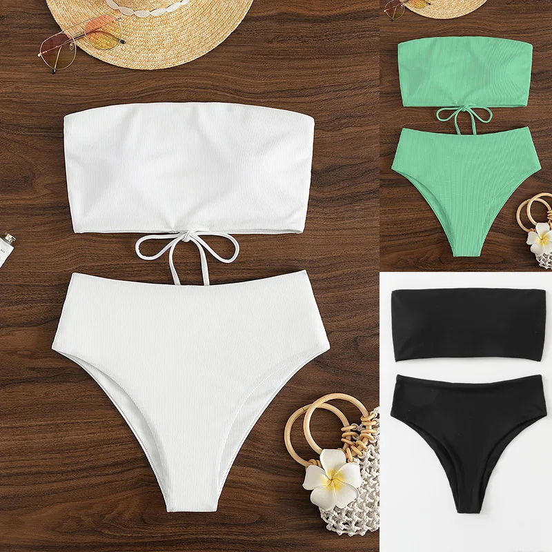 

New women's tube top swimsuit lace up high waist bikini set
