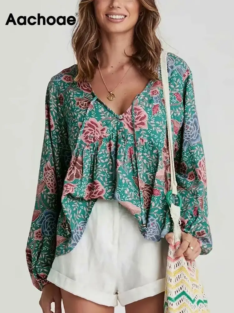 

Aachoae Women Boho Floral Shirt V Neck Pleated Beach Blouse Femme Lantern Long Sleeve Loose Ladies Tops Summer Spring Blusas