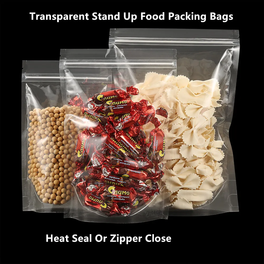 100Pcs Stand Up High Transparent Plastic Zip Lock Bags, Clear Nuts Packing Pouch Zipper Seal Food Package Self-sealing Snack-bag