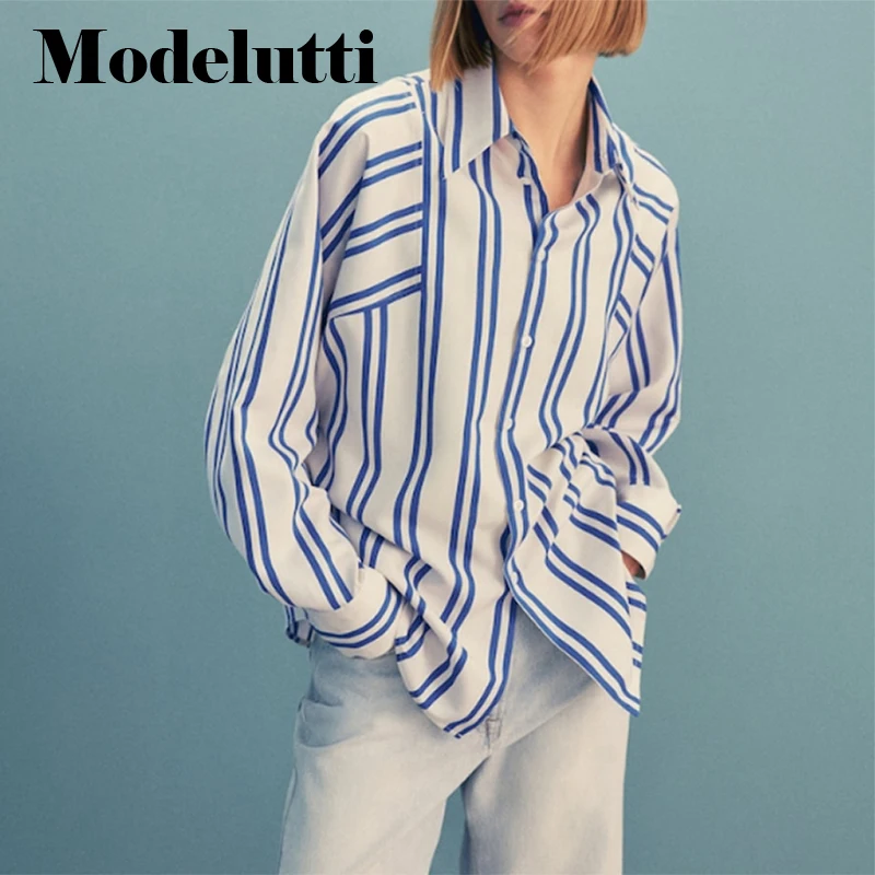 

Modelutti 2022 New Spring Summer Fashion Long Sleeve Lapel Double Striped Shirt Woman Loose Blouses Simple Casual Tops Female
