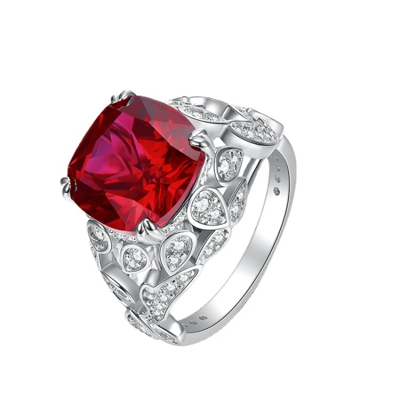 

18K Gold Plated Fancy Cut 12MM Lab Grown Vivid Red Ruby Diamonds Engagement Rings Silver 925 Fine Jewelry