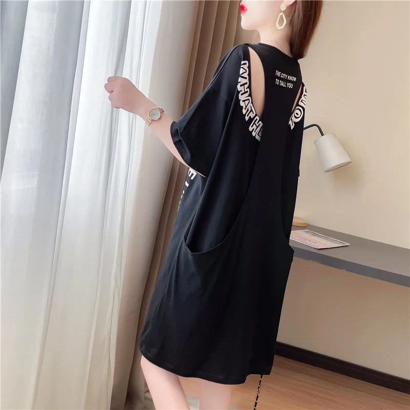 

Short-Sleeved T-Shirt Dress Women's 2023 New Summer Korean Loose Long Fake Two-Piece Backless Half-Sleeve Tops Female Dresses
