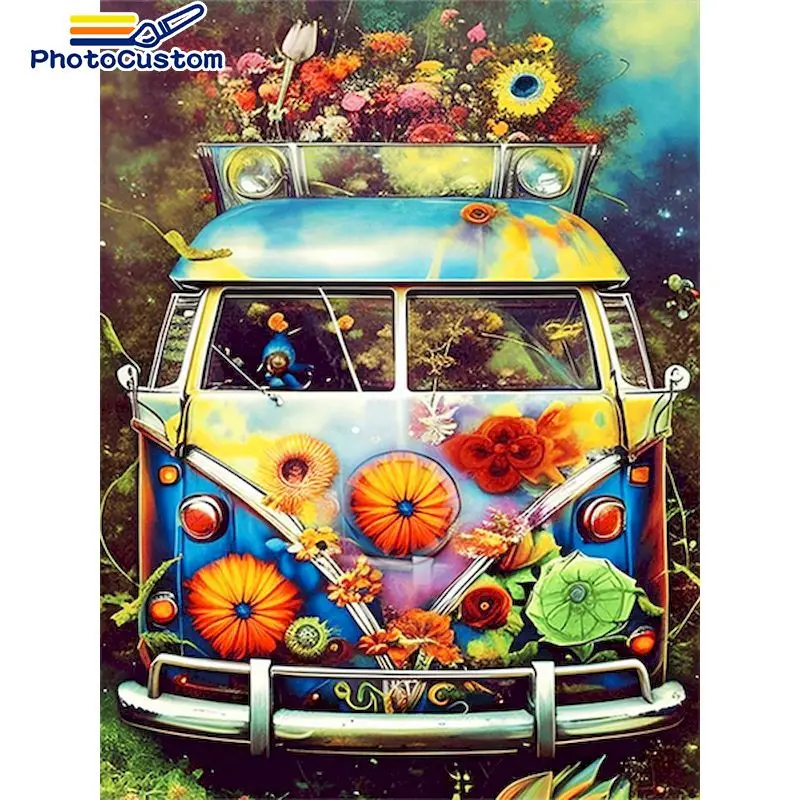 

PhotoCustom Classic Painting By Numbers Flower Bus Handmade Painting By Number Painting Home Decor