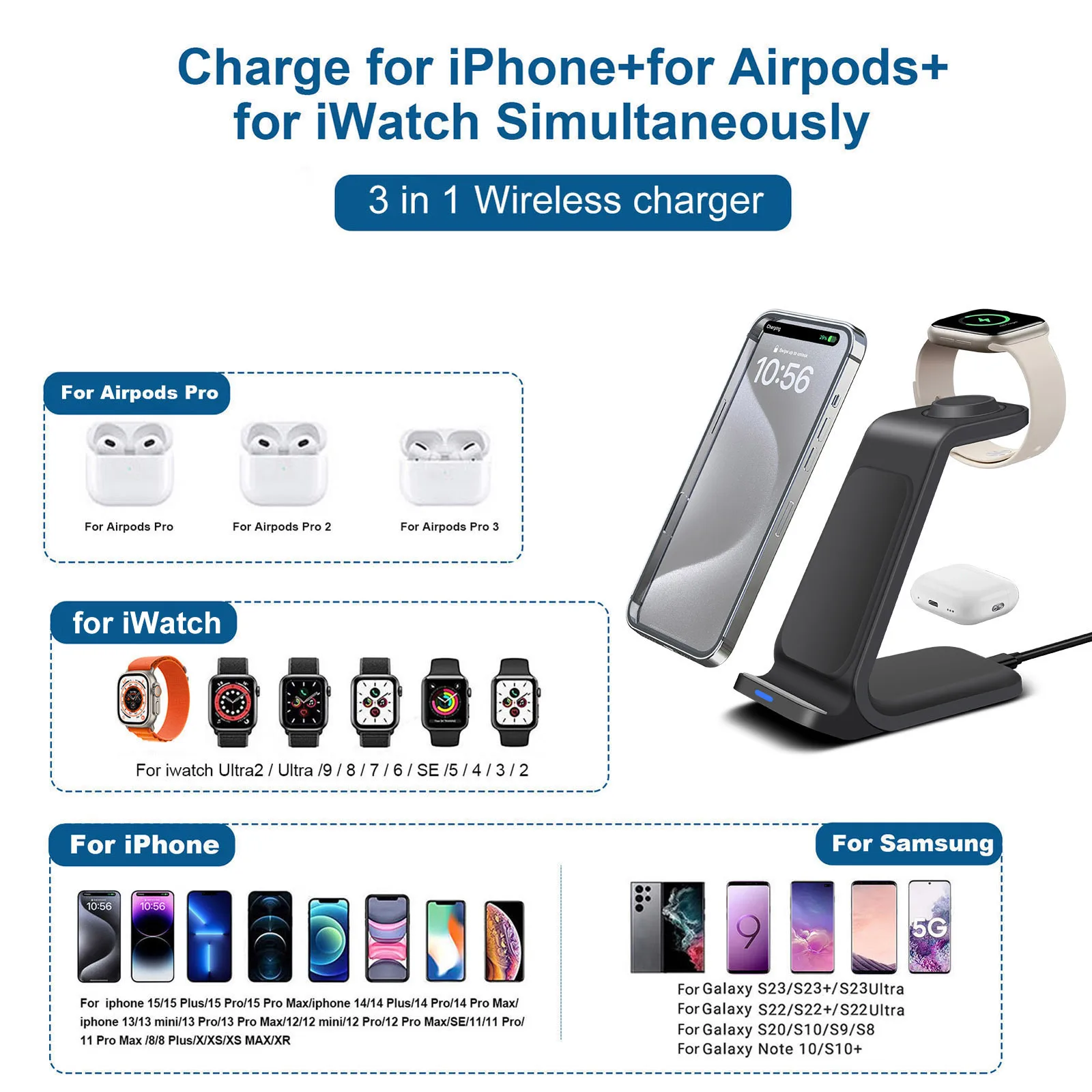 Фото Зарядная станция 3 в 1, беспроводное зарядное устройство для iPhone 17 16e 16 15 14 13 12 11 X Pro Max и Apple Watch — беспроводная зарядка №1
