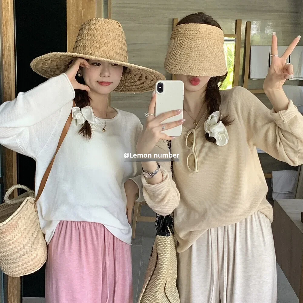 Новый сезон Свободный пуловер с круглым вырезом легкий Вязаный топ из смесовой